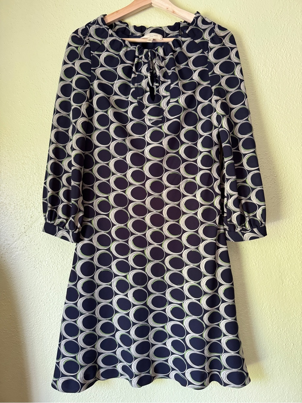 Moulinette Soeurs Navy and Cream Circles Tie-Neck Long Sleeve Dress
